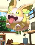  bag book bookshelf commentary_request cushion day emphasis_lines fangs green_eyes highres indoors jira_(ziraiya26) no_humans open_mouth plant poke_ball poke_ball_(basic) pokemon pokemon_(creature) potted_plant solo tongue tongue_out unworn_bag window yamper 