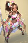  1girl :d bare_shoulders black_shorts brown_eyes brown_hair crop_top dark-skinned_female dark_skin fire_emblem fire_emblem_engage full_body hair_ornament holding holding_polearm holding_weapon long_hair looking_at_viewer navel open_mouth polearm ponytail robaco shorts shorts_under_skirt skirt smile solo star-shaped_pupils star_(symbol) symbol-shaped_pupils timerra_(fire_emblem) twitter_username weapon 