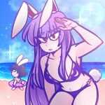  2girls animal_ears beach black_hair bra clear_sky d_vaaaah dress highres inaba_tewi innertube lens_flare looking_at_viewer multiple_girls ocean pink_dress purple_hair rabbit_ears rabbit_tail reisen_udongein_inaba sky sweat swimsuit tail touhou underwear 