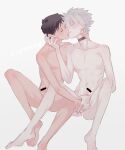  2boys barefoot black_hair closed_eyes erection evangelion:_3.0_you_can_(not)_redo grey_hair ikari_shinji jo_(artist) kiss multiple_boys nagisa_kaworu neon_genesis_evangelion nipples nude rebuild_of_evangelion simple_background testicles white_background yaoi 