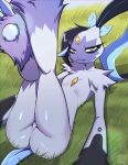  absurd_res anthro breasts chest_gem claws cute_fangs eyeliner eyeshadow featureless_breasts featureless_crotch feet female forehead_gem fur generation_8_pokemon grey_body grey_fur hi_res legs_up looking_at_viewer makeup mascara mishabahl nintendo nude on_grass on_ground pokemon pokemon_(species) slim small_breasts sneasler solo 