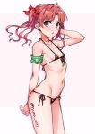  1girl :o arched_back armband artist_name bikini black_bikini blush bow brown_hair collarbone cowboy_shot from_side front-tie_bikini_top front-tie_top green_armband hair_bow isshi_pyuma long_hair micro_bikini navel red_bow red_eyes shiny_skin shirai_kuroko side-tie_bikini_bottom solo swimsuit toaru_kagaku_no_railgun toaru_majutsu_no_index 