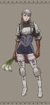 1girl armor boots braid breastplate closed_mouth earrings food full_body gloves grey_eyes grey_hair jewelry long_hair looking_at_viewer ravness_loxaerion shoulder_armor single_earring smile solo tactics_ogre thigh_boots thighhighs twin_braids vegetable windcaller 