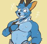  2023 animal_crossing anthro bam_(animal_crossing) blue_body blue_fur bodily_fluids bottomwear clothed clothing clothing_lift colored deer digital_media_(artwork) fur grin hi_res horn knightferret male mammal nintendo pecs shirt shirt_lift shirtless shirtless_male smile solo sweat topwear visible_underwear 