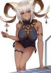  :d animal_ears ankh arknights arm_support armlet bare_shoulders black_one-piece_swimsuit breasts carnelian_(arknights) carnelian_(shining_dew)_(arknights) casual_one-piece_swimsuit cleavage covered_navel dark-skinned_female dark_skin gino goat_ears goat_girl goat_horns grey_hair grin hanging_breasts highres horns jewelry large_breasts leaning_forward looking_at_viewer necklace official_alternate_costume one-piece_swimsuit parted_lips pool_ladder red_eyes short_hair simple_background smile swimsuit thigh_gap thigh_strap tile_floor tiles wet white_background 