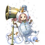  1girl animal_costume bell brown_eyes bucket_hat christmas full_body gate_of_nightmares hat highres looking_at_viewer mashima_hiro medium_hair official_alternate_costume official_art open_mouth pink_hair simple_background snowing snowman solo transparent_background uretan_(gate_of_nightmares) 