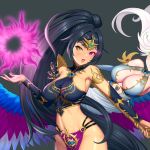  2girls black_hair breasts commentary_request cowboy_shot crop_top highres kairos_fateweaver large_breasts loincloth long_hair looking_at_viewer midriff multiple_girls navel personification ponytail purple_eyes rakuri_(rwrn5475) sleeveless stomach total_war:_warhammer_3 very_long_hair warhammer_40k yellow_eyes 