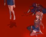  3girls absurdres arms_at_sides black_thighhighs blazer blood blood_splatter blue_skirt bow breasts brown_hair brown_jacket brown_vest buttons closed_eyes collared_shirt commentary curled_fingers death doki_doki_literature_club english_commentary eyebrows_hidden_by_hair facing_viewer feet_out_of_frame full_body green_eyes hair_between_eyes hair_bow hair_intakes hair_over_shoulder hair_spread_out hand_up head_out_of_frame highres implied_murder jacket jyuma kneehighs knees_together_feet_apart knife lapels light_particles light_smile long_hair long_sleeves looking_at_viewer lying medium_breasts monika_(doki_doki_literature_club) multiple_girls neck_ribbon no_shoes notched_lapels on_back open_hand open_hands outstretched_arm parted_lips pleated_skirt ponytail purple_hair red_background red_lips red_ribbon ribbon sayori_(doki_doki_literature_club) school_uniform shadow shirt sitting skirt sleeves_past_wrists smile socks spoilers thighhighs very_long_hair vest white_bow white_shirt white_socks yokozuwari yuri_(doki_doki_literature_club) zettai_ryouiki 