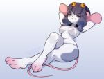  anthro big_ears breasts coffeechicken crossed_legs eyes_closed female fur grey_body grey_fur hands_behind_head hi_res mammal mouse murid murine nude pigtails reclining rodent simple_background solo white_body white_fur 