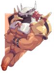  2023 abs anthro armor bandai_namco bottomless clothed clothing digimon digimon_(species) erection genitals green_eyes hi_res horn male muscular muscular_male nipples pecs penis pubes solo voviat wargreymon 