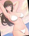  1girl aqua_eyes armpits arms_behind_back arms_up bikini black_hair breasts closed_mouth cowboy_shot day dead_or_alive dead_or_alive_xtreme dutch_angle earrings jewelry konishiki_(52siki) large_breasts long_hair looking_at_viewer multicolored_hair nanami_(doa) navel ocean orange_hair orange_sky outdoors sky smile solo stomach streaked_hair swimsuit two-tone_hair very_long_hair white_bikini 