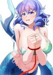  1girl absurdres bare_shoulders blue_eyes blue_hair blush bound bound_arms breasts drill_hair fins fish_tail head_fins highres large_breasts looking_at_viewer mermaid monster_girl red_rope rope scared solo tail touhou urizaku3 wakasagihime wavy_hair white_background 