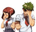  aioles blue_skirt boku_no_hero_academia bow brown_eyes brown_hair green_eyes green_hair highres midoriya_izuku red_bow school_uniform shirt skirt string string_of_fate twitter_username u.a._school_uniform uraraka_ochako white_background white_shirt 