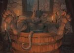  anthro bathing bathtub candle claws feet foot_focus fur grey_body grey_fur inside izrez looking_at_viewer male mammal murid murine nude partially_submerged raining rat red_eyes rodent skaven solo toe_claws warhammer_(franchise) water whiskers window 