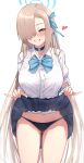  1girl ass_visible_through_thighs asuna_(blue_archive) asymmetrical_bangs black_panties blonde_hair blue_archive blue_bow blue_bowtie blue_eyes blush bow bowtie breasts cowboy_shot hair_over_one_eye halo heart highres kamuchin_soda large_breasts lifted_by_self long_hair looking_at_viewer panties smile solo standing thigh_gap thighs underwear uniform very_long_hair white_background 