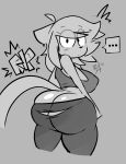  2022 absurd_res anthro big_breasts biped blush bottomwear breasts butt buxy clothed clothed_anthro clothed_female clothing digital_drawing_(artwork) digital_media_(artwork) domestic_cat ellipsis english_text felid feline felis female female_anthro fur grey_background greyscale hair hi_res kitkat_(buxy) looking_at_viewer mammal monochrome nipple_outline onomatopoeia pants shirt simple_background solo sound_effects speech_bubble spoken_ellipsis standing tail tank_top text topwear torn_bottomwear torn_clothing torn_pants wardrobe_malfunction 