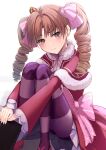  1girl absurdres beatrice_(re:zero) beatrice_(re:zero)_(cosplay) blush brown_hair capelet cosplay crown dress embarrassed full_body highres hugging_own_legs k3rd legs long_hair long_sleeves looking_to_the_side mini_crown own_hands_together pantyhose pink_capelet pink_dress ringlets shirai_kuroko sitting solo striped striped_pantyhose toaru_kagaku_no_railgun toaru_majutsu_no_index twintails upskirt white_background 
