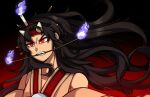  1jumangoku 1other androgynous angry bare_shoulders black_background black_hair blue_fire candle_on_head clenched_teeth collarbone commentary_request detached_sleeves fire gradient_background hair_lift hairband highres holding holding_stick japanese_clothes kimono len&#039;en long_hair looking_ahead mouth_hold other_focus red_background red_eyes red_hairband red_ribbon ribbon sleeve_ribbon sleeveless sleeveless_kimono solo stick taira_no_chouki teeth thick_eyebrows two-tone_background upper_body v-shaped_eyebrows very_long_hair white_kimono white_sleeves 