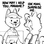  1:1 amy_(creator_ant) anthro black_and_white clothing comic_panel creator_ant domestic_cat duo fast_food_employee fast_food_uniform felid feline felis female hair hat headgear headwear hi_res long_hair male mammal monochrome open_mouth simple_background text 