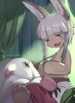  1other akisa_yositake androgynous animal_ears body_fur brown_fur horizontal_pupils looking_at_viewer made_in_abyss mitty_(made_in_abyss) nanachi_(made_in_abyss) other_focus pink_fur short_hair_with_long_locks smile topless white_hair yellow_eyes 