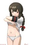  1girl black_hair black_sailor_collar braid brown_eyes clothes_lift dated groin hair_between_eyes isonami_(kancolle) isonami_kai_ni_(kancolle) kantai_collection lifted_by_self long_hair low_twintails navel one-hour_drawing_challenge panties ray.s sailor_collar school_uniform serafuku shirt_lift sidelocks simple_background solo twin_braids twintails twitter_username underwear undressing white_background white_panties 