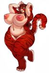  4_toes anthro big_breasts big_nipples black_eyebrows blue_eyes breasts claws curvy_figure eyebrows feet felid female fingers fur hi_res huge_breasts mammal multicolored_body multicolored_fur navel nipples overweight overweight_anthro overweight_female pantherine pawpads pink_nipples pink_nose pink_pawpads red_body red_fur solo stripes tail teeth thick_thighs tiger toes voluptuous vondranart white_claws wide_hips 