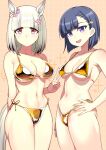  2girls animal_ears bikini black_hair bob_cut breasts cleavage flower gold_bikini hair_flower hair_ornament hairclip happy_meek_(umamusume) horse_ears horse_girl horse_tail inverted_bob kiryuuin_aoi medium_breasts multiple_girls pink_eyes purple_eyes short_hair side-tie_bikini_bottom sparkle_background swimsuit tail umamusume v white_hair zasshu_nigou 