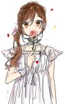  1girl arm_at_side brown_hair commentary_request covered_mouth dress flower hagiwara_daisuke hand_up holding holding_flower hori-san_to_miyamura-kun hori_kyouko leaf long_hair looking_at_viewer orange_eyes pink_flower short_sleeves solo twitter_username upper_body white_background white_dress 
