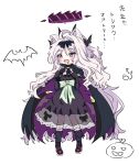  1girl animal_ears bat_(animal) black_cape black_dress black_gloves black_hairband black_ribbon blood blood_from_mouth blue_archive blush cape cat_ears demon_horns demon_wings dress dress_ribbon e_v_e_neko elbow_gloves fake_animal_ears fangs gloves grey_hair hair_ribbon hairband halloween_costume halo highres hina_(blue_archive) horns jack-o&#039;-lantern long_hair messy_hair multiple_horns open_mouth paw_pose purple_cape purple_eyes ribbon solo trick_or_treat vampire_costume very_long_hair white_background wings 