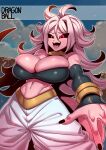  1girl :d android_21 baggy_pants bare_shoulders black_nails black_sclera black_sleeves black_tube_top breasts colored_sclera colored_skin copyright_name detached_sleeves dragon_ball dragon_ball_fighterz highres large_breasts majin_android_21 navel open_mouth pants pink_hair pink_skin pointy_ears red_eyes skindentation smile solo strapless tongue tube_top tukiwani white_pants 