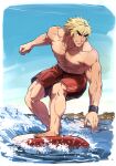  1boy bara beach black_hair blonde_hair forked_eyebrows full_body grin headband highres ken_masters leaning_forward male_focus male_swimwear muscular muscular_male red_male_swimwear short_hair smile solo street_fighter surfboard surfing swim_trunks yuiofire 