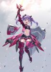  1girl airborne alice_gear_aegis arm_up black_skirt boots breasts floating floating_object floating_weapon highres holding holding_shield holding_sword holding_weapon ichijou_ayaka keith8387 looking_at_viewer mecha_musume pleated_skirt purple_eyes purple_hair shield skirt sky small_breasts solo sword thigh_boots thrusters twintails weapon zettai_ryouiki 