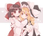  apron back_bow black_headwear black_skirt black_vest blonde_hair bow braid brown_hair collared_shirt frilled_apron frilled_bow frilled_hair_tubes frilled_shirt_collar frills hair_bow hair_tubes hakurei_reimu hat hat_bow heart highres hug kirisame_marisa light_blush long_sleeves medium_hair nagomi nontraditional_miko pout red_bow red_eyes red_shirt red_skirt shirt short_hair single_braid skirt skirt_set sleeveless sleeveless_shirt smile touhou vest waist_apron white_apron white_bow white_shirt white_sleeves witch_hat yellow_eyes 