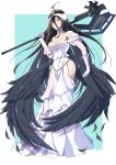  1girl absurdres ahoge albedo_(overlord) aqua_background axe battle_axe black_feathers black_hair breasts cleavage clothing_cutout demon_girl demon_horns detached_collar dress elbow_gloves feathered_wings feathers frown gloves highres holding holding_axe holding_weapon horns large_breasts long_dress long_hair looking_at_viewer low_wings overlord_(maruyama) side_cutout solo standing very_long_hair weapon white_dress white_gloves wings yellow_eyes yun_ekaki_aka 