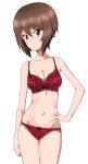  1girl blush bra breasts brown_eyes brown_hair cleavage closed_mouth girls_und_panzer hand_on_own_hip highres kayabakoro large_breasts lingerie looking_at_viewer navel nishizumi_maho panties red_bra red_panties short_hair solo underwear 