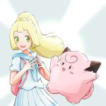  1girl :d backpack bag bangs blonde_hair blunt_bangs blush_stickers braid clefairy commentary_request eyelashes fang ffccll floating_hair green_eyes highres lillie_(pokemon) long_hair open_mouth pink_bag pleated_skirt pokemon pokemon_(creature) pokemon_(game) pokemon_sm ponytail shirt short_sleeves skirt smile tassel teeth tongue upper_teeth_only white_shirt white_skirt 