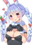  1girl :p absurdres alternate_breast_size animal_ear_fluff animal_ears arm_strap bare_shoulders black_gloves black_leotard blue_hair blush braid breasts carrot_hair_ornament chai_mao commentary_request controller cutout_above_navel extra_ears food-themed_hair_ornament fur-trimmed_gloves fur_scarf fur_trim game_controller gloves hair_ornament highres holding holding_controller holding_game_controller hololive leotard long_hair looking_at_viewer medium_breasts playboy_bunny rabbit_ears red_eyes scarf short_eyebrows simple_background solo strapless strapless_leotard swept_bangs thick_eyebrows tongue tongue_out twin_braids twintails upper_body usada_pekora usada_pekora_(1st_costume) virtual_youtuber white_background white_scarf 