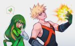  1boy 1girl absurdres asui_tsuyu bakugou_katsuki bare_shoulders blonde_hair blush bodysuit boku_no_hero_academia closed_mouth explosion frog gloves green_bodysuit green_eyes green_gloves green_hair grey_background highres long_hair looking_at_another pectoral_cleavage pectorals red_eyes short_hair simple_background smile spiked_hair spoken_animal tongue tongue_out unit0 upper_body white_gloves 