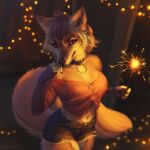  1:1 2022 anthro black_collar black_nose bottomwear canid clothed clothing collar dated fairy_lights female fur glistening glistening_eyes hi_res hotpants looking_at_viewer lostgoose mammal mouth_closed neck_tuft pink_eyes portrait red_clothing red_topwear shorts signature solo sparkler sparkles standing three-quarter_portrait topwear tuft 