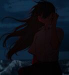  1girl alternate_costume beach black_hair black_skirt blue_eyes cloud cloudy_sky collared_shirt commentary cowboy_shot dark dress_shirt expressionless floating_hair hair_over_one_eye hair_tucking hand_up highres light_frown long_hair looking_at_viewer night nijisanji ocean one_eye_covered outdoors popped_collar sakuraki_riichi sea_spray shirt short_sleeves sidelighting skirt sky solo tsukino_mito virtual_youtuber waves white_shirt wind wind_lift 