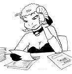  2023 anthro bell bell_collar black_and_white bovid breasts caprine cleavage clothed clothing collar female fur hi_res hooved_hands horn lana_lynne looking_down mammal monochrome paperwork pencil_(object) sheep sitting solo tegerio wool_(fur) 
