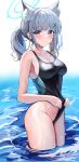  1girl absurdres animal_ear_fluff animal_ears bare_arms bare_shoulders black_one-piece_swimsuit blue_archive blue_eyes blush breasts cleavage closed_mouth clothes_lift competition_swimsuit cowboy_shot earrings extra_ears grey_hair groin hair_ornament halo highres jewelry large_breasts lifted_by_self long_hair looking_at_viewer mismatched_pupils navel official_alternate_costume one-piece_swimsuit revision sak_(lemondisk) shiroko_(blue_archive) shiroko_(swimsuit)_(blue_archive) sideboob sidelocks solo standing swimsuit swimsuit_lift wading water wet white_background wolf_ears x_hair_ornament 