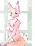  anthro blue_eyes breasts canid canine canis digital_media_(artwork) domestic_dog fem female fur hair mammal pallid-panda simple_background smile solo tail tan_body tan_fur 