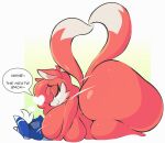  &lt;3 2_tails anthro arizonathevixen bedroom_eyes big_breasts big_butt blue_body breasts butt dipstick_tail duo english_text female generation_6_pokemon grey_eyes hair huge_breasts huge_butt hyper hyper_butt larger_female lying male male/female markings meowstic multi_tail narrowed_eyes nintendo on_back on_top pinned_to_floor pokemon pokemon_(species) red_body seductive size_difference smaller_male smile tail tail_markings text white_hair 