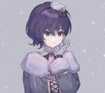  1girl asahina_mafuyu black_hairband fur-trimmed_jacket fur-trimmed_sleeves fur_trim grey_background grey_jacket hairband hand_up jacket looking_to_the_side majiwaru_senritsu_tomoru_nukumori_(project_sekai) medium_hair necktie official_alternate_hair_length official_alternate_hairstyle parted_lips pink_necktie project_sekai purple_eyes purple_hair sha_(nz2) short_hair simple_background solo 