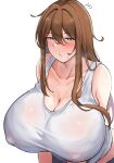  1girl absurdres bare_arms blue_eyes blush breasts brown_hair cleavage collarbone covered_nipples hair_between_eyes highres huge_breasts leaning_forward long_hair minori_(user_eket5233) original parted_lips sidelocks simple_background solo sweat tank_top upper_body white_background white_tank_top 