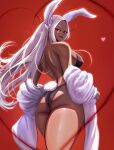  1girl absurdres animal_ears ass back backless_swimsuit bare_shoulders black_one-piece_swimsuit boku_no_hero_academia breasts curvy dark-skinned_female dark_skin from_behind heart hehevich highleg highleg_swimsuit highres large_breasts long_eyelashes long_hair looking_at_viewer median_furrow mirko off_shoulder one-piece_swimsuit parted_bangs rabbit_ears rabbit_girl rabbit_tail red_background red_eyes red_lips shawl smile solo swimsuit tail thick_thighs thighs toned very_long_hair white_hair white_shawl wide_hips 