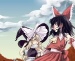  2girls apron ascot back_bow black_hair blonde_hair blue_eyes blue_sky bow breasts brown_eyes closed_mouth cloud cloudy_sky detached_sleeves frilled_bow frilled_hair_tubes frilled_shirt_collar frills hair_tubes hakurei_reimu hand_on_headwear hat hat_bow hat_ribbon holding_hands interlocked_fingers kirisame_marisa large_bow large_hat light_smile long_hair looking_at_viewer medium_hair multiple_girls nanamin open_mouth outdoors puffy_short_sleeves puffy_sleeves red_bow red_ribbon red_shirt red_skirt ribbon ribbon-trimmed_sleeves ribbon_trim sarashi shirt short_sleeves skirt sky sleeve_ribbon sleeveless sleeveless_shirt small_breasts touhou twilight upper_body very_long_hair waist_apron white_apron white_bow white_ribbon white_shirt witch_hat yellow_ascot 