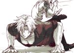  2boys arm_tattoo black_shirt blonde_hair cigarette command_spell daybit_sem_void exercise fate/grand_order fate_(series) flapper_shirt highres holding holding_cigarette long_hair male_focus medallion monochrome mry_46 multiple_boys muscular muscular_male pectorals push-ups shirt short_hair shoulder_tattoo simple_background sitting sitting_on_person sleeveless sleeves_rolled_up sweat tattoo tezcatlipoca_(fate) training white_background white_shirt 