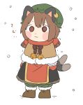  1girl :3 animal_ears bell black_skirt blush boots brown_eyes brown_hair capelet cat_ears cat_tail chen chibi citrus_(place) earrings full_body fur_trim hat jewelry jingle_bell mob_cap multiple_tails nekomata pants red_scarf red_tabard scarf short_hair simple_background single_earring skirt snowing solo standing tabard tail touhou two_tails white_background winter_clothes 